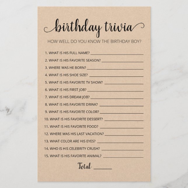 Editable Birthday trivia Birthday party game (Front)