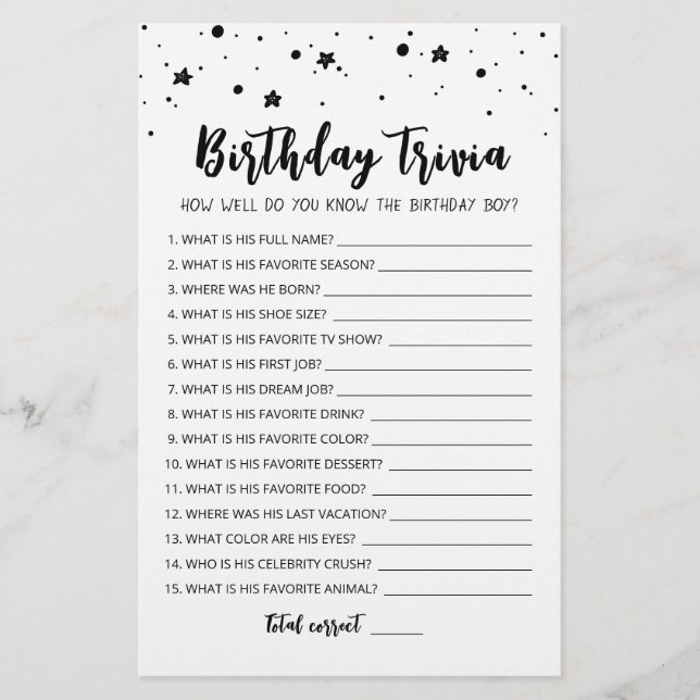 Editable Birthday trivia Birthday party game (Front)