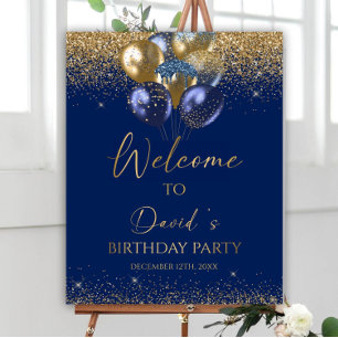 Editable Birthday Welcome Sign, Blue and Gold Ball Foam Board
