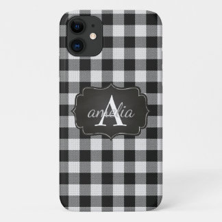 EDITABLE Black and White Buffalo Plaid Monogrammed iPhone 11 Case
