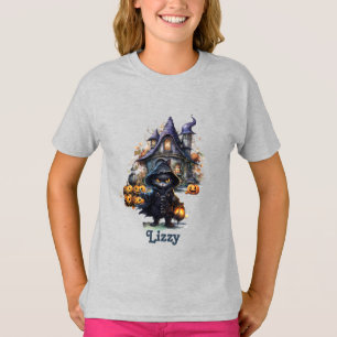 Editable Black Cat Witch Pumpkin Youth Halloween T-Shirt