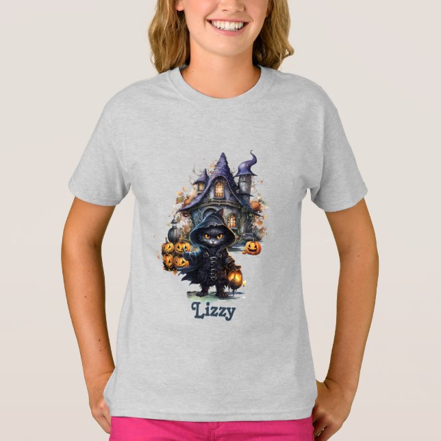 Editable Black Cat Witch Pumpkin Youth Halloween T-Shirt (Front)