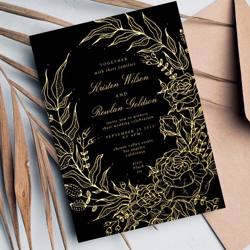 Editable Black Flower GOLD Wreath Wedding Foil Invitation