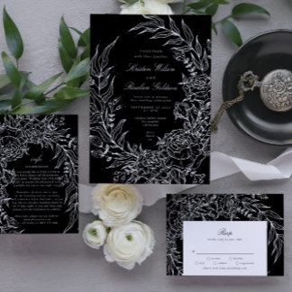 Editable Black Flower White Wreath Wedding Invitation