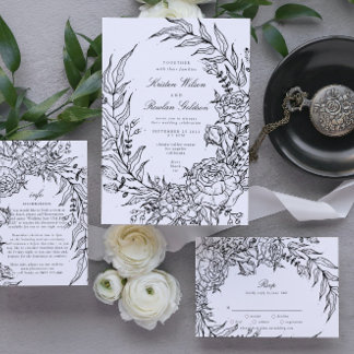 Editable Black Flower White Wreath Wedding Invitation