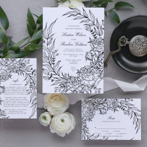 Editable Black Flower White Wreath Wedding Invitation