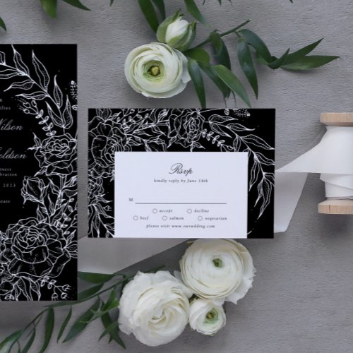 Editable Black Flower White Wreath Wedding RSVP Card