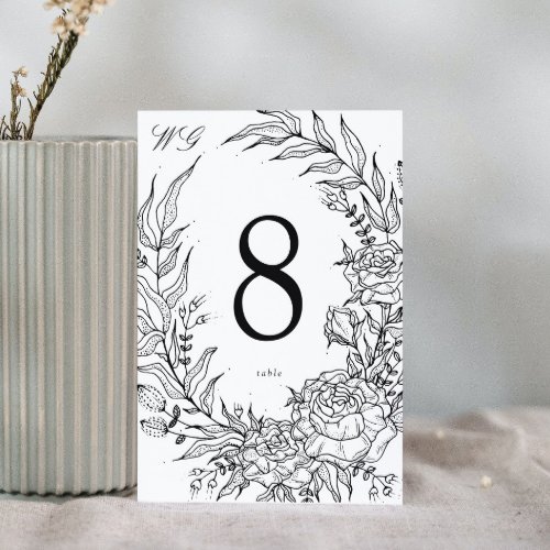 Editable Black Flower White Wreath Wedding Table Number