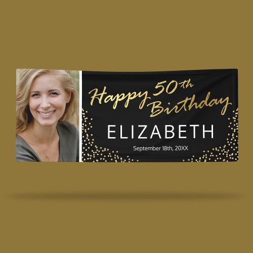 Editable Black Gold 50th Birthday Photo Banner