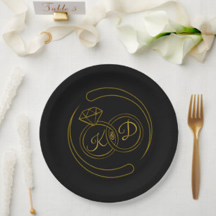Editable Black Gold Engagement Paper Plates