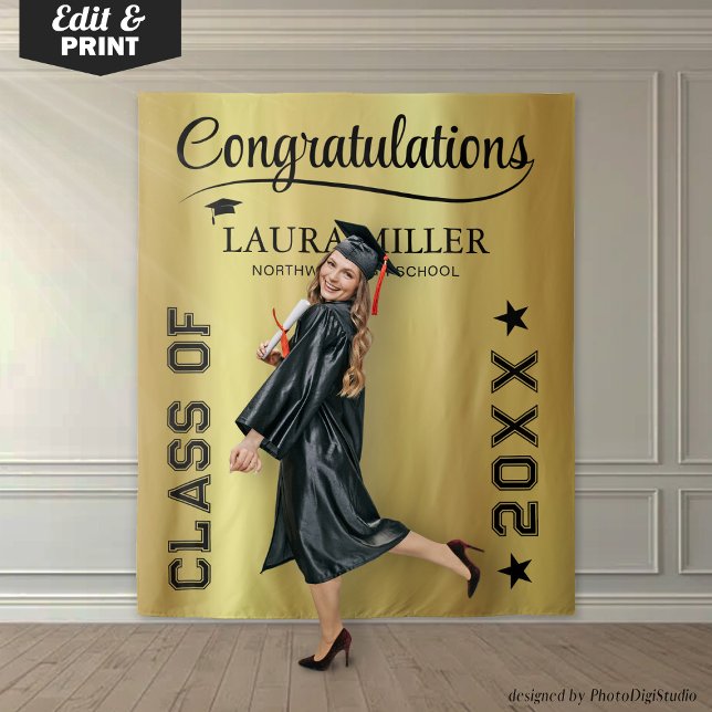 Editable Black & Gold Graduation Photo Backdrop (Editable Black & Gold Graduation Photo Backdrop)