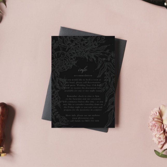 Editable Black on Black Floral Wreath Wedding Enclosure Card (Creator Uploaded)