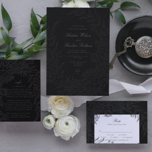 Editable Black on Black Floral Wreath Wedding Invitation