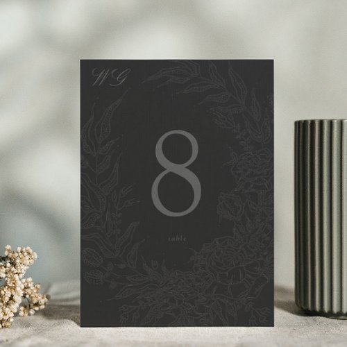 Editable Black on Black Floral Wreath Wedding Table Number