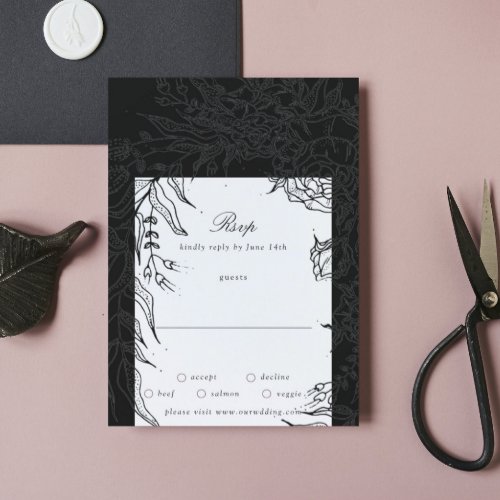 Editable Black on Black Flower Wreath Wedding RSVP Card