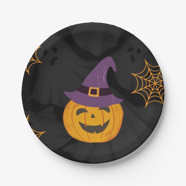 Editable Black Orange Pumbkin Halloween Party  Paper Plates (Front)