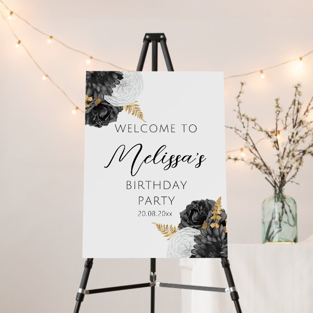Editable Black White & Gold Birthday Welcome Sign (In Situ (Stand))