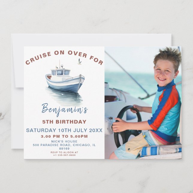 Editable Blue Boat Theme Birthday Photo Invitation (Front)