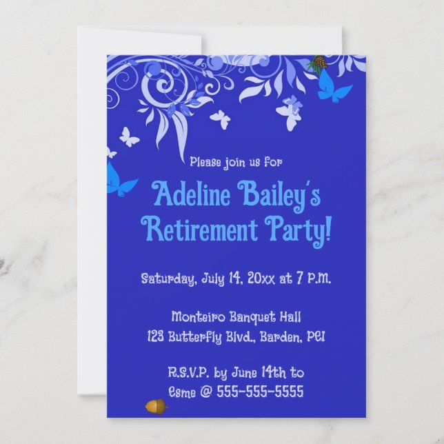 Editable Blue Butterflies and Swirls Invitation (Front)