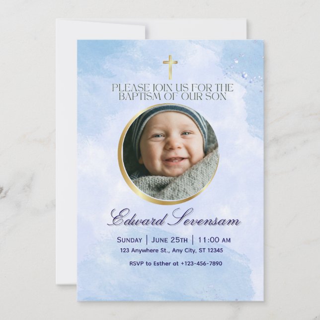 Editable Blue Cloud Baby Boy Baptism  Invitation (Front)