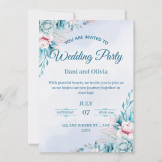 Editable Blue Floral Wedding Invitation Card