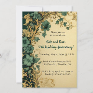 Editable Blue Flowers Gold Swirls Anniversary Invitation