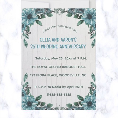 Editable Blue Flowers on Grey Wood Anniversary Invitation