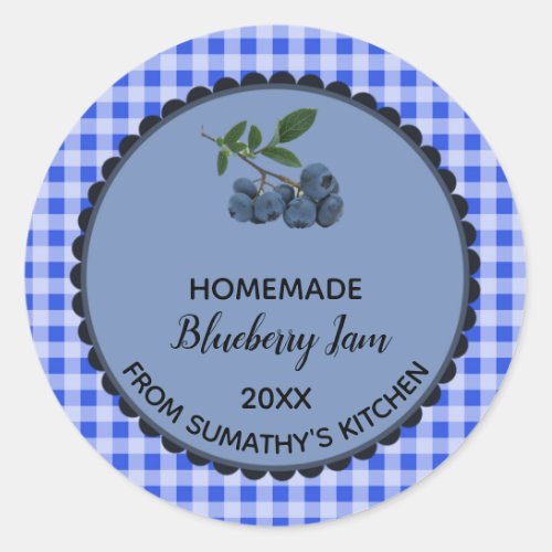 Editable Blue Gingham Blueberry Jam Label Sticker