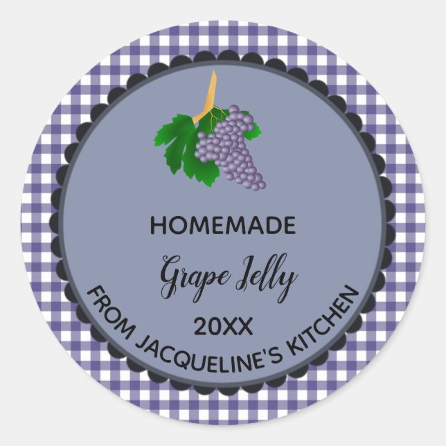 Editable Blue Gingham Grape Jelly Label Stickers (Front)
