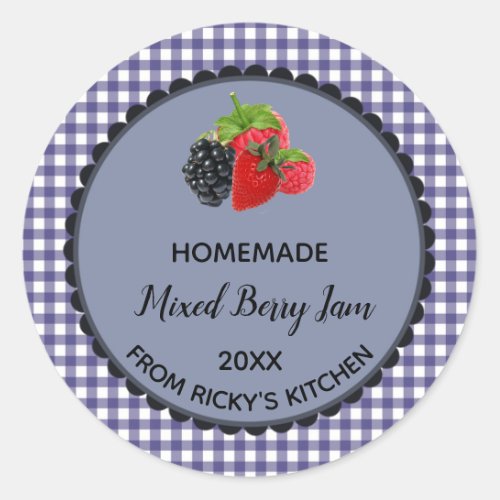 Editable Blue Gingham Mixed Berry Jam Label Sticke