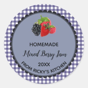 Editable Blue Gingham Mixed Berry Jam Label Sticke