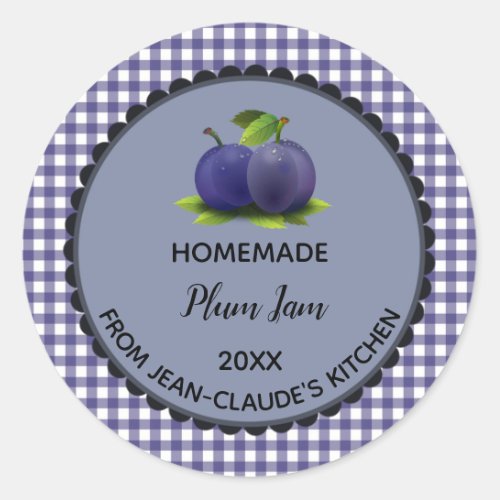 Editable Blue Gingham Plum Jam Label Stickers