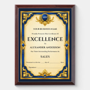 Editable Blue gold business certificate employee Award Plaque