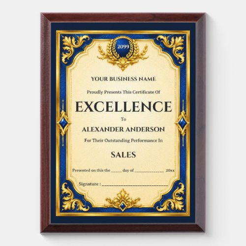 Editable Blue gold business certificate employee Award Plaque