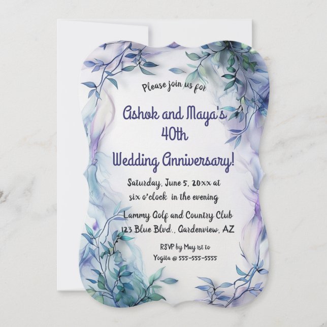 Editable Blue Leaves and Violet Waves Invitation  (Front)