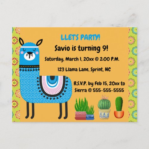 Editable Blue Llama Birthday Invitation