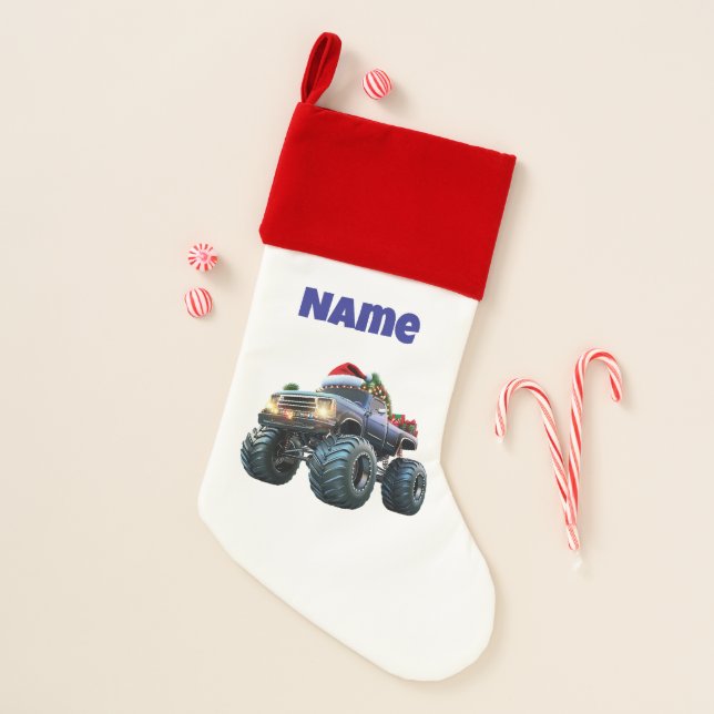 Editable Blue Monster Truck Christmas Stocking (Front)
