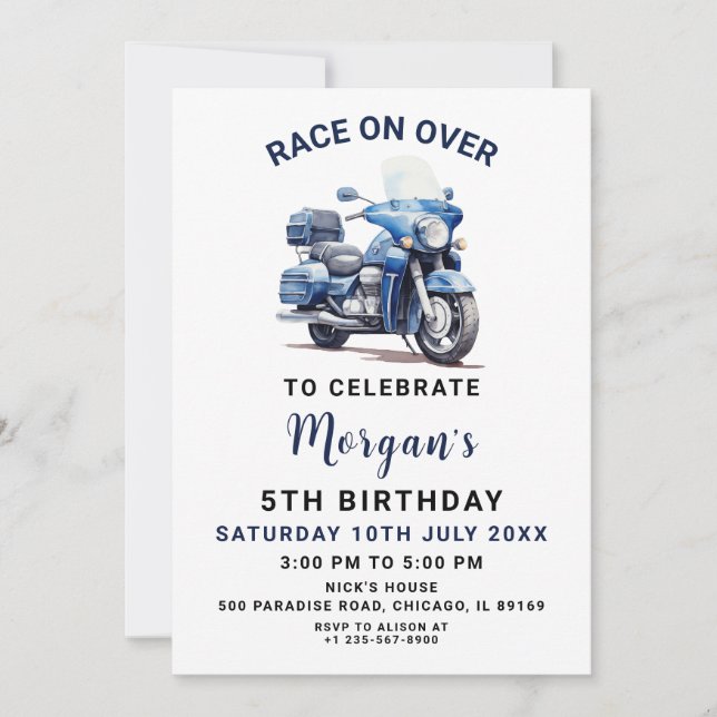 Editable Blue Motorbike Birthday Invitation (Front)