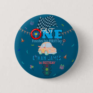 Editable Blue Racing Boy 1st Birthday Invitation Button