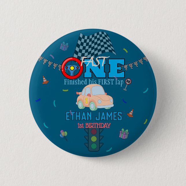 Editable Blue Racing Boy 1st Birthday Invitation Button (Front)