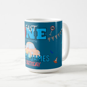 Editable Blue Racing Boy 1st Birthday Invitation Coffee Mug