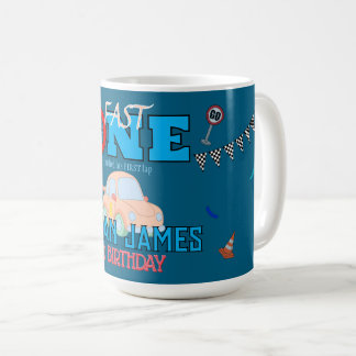 Editable Blue Racing Boy 1st Birthday Invitation Coffee Mug