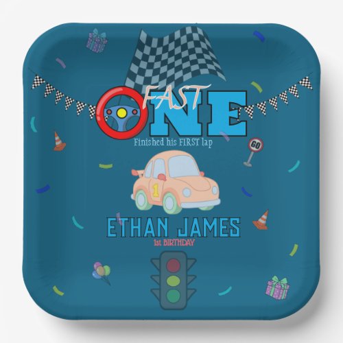 Editable Blue Racing Boy 1st Birthday Invitation Paper Plates