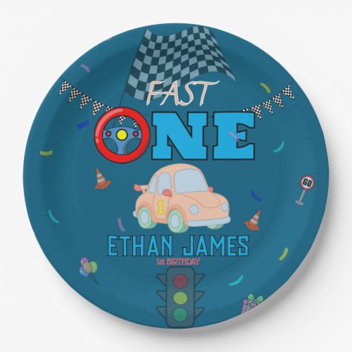 Editable Blue Racing Boy 1st Birthday Invitation Paper Plates