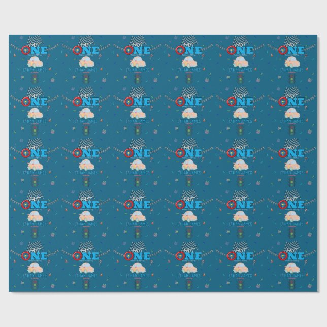 Editable Blue Racing Boy 1st Birthday Invitation Wrapping Paper (Flat)