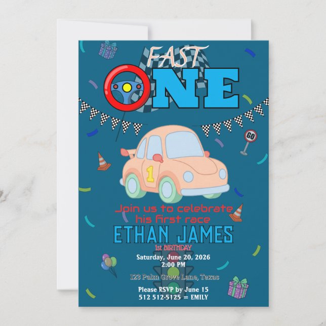 Editable Blue Racing Car Boy 1st Birthday Invitati Invitation (Front)