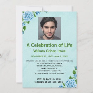 Editable Blue Roses Photo Celebration of Life Invitation