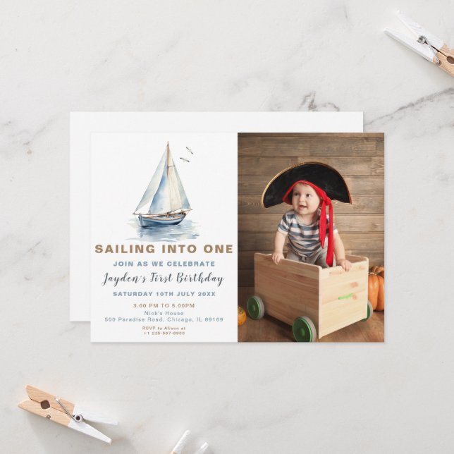 Editable Blue Sailboat Photo Birthday Invite (Front/Back In Situ)