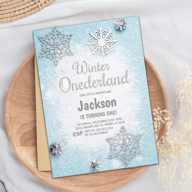 Editable Blue Silver Glitter Winter Onederland Invitation (Blue Silver Glitter Winter ONEderland Invitations)