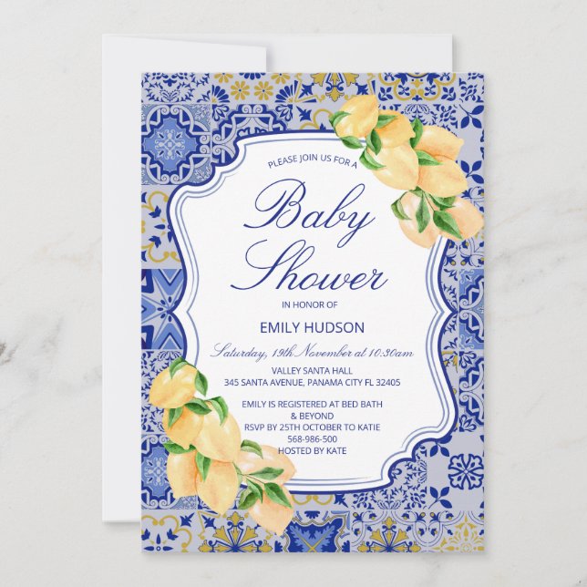 Editable Blue Tiles Lemons Invitation (Front)
